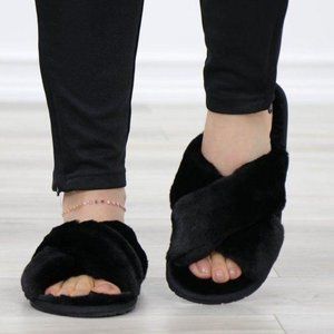 Cross Strap Black Puff Fuzzy Furry Fluffy Slip On Plush Slippers
